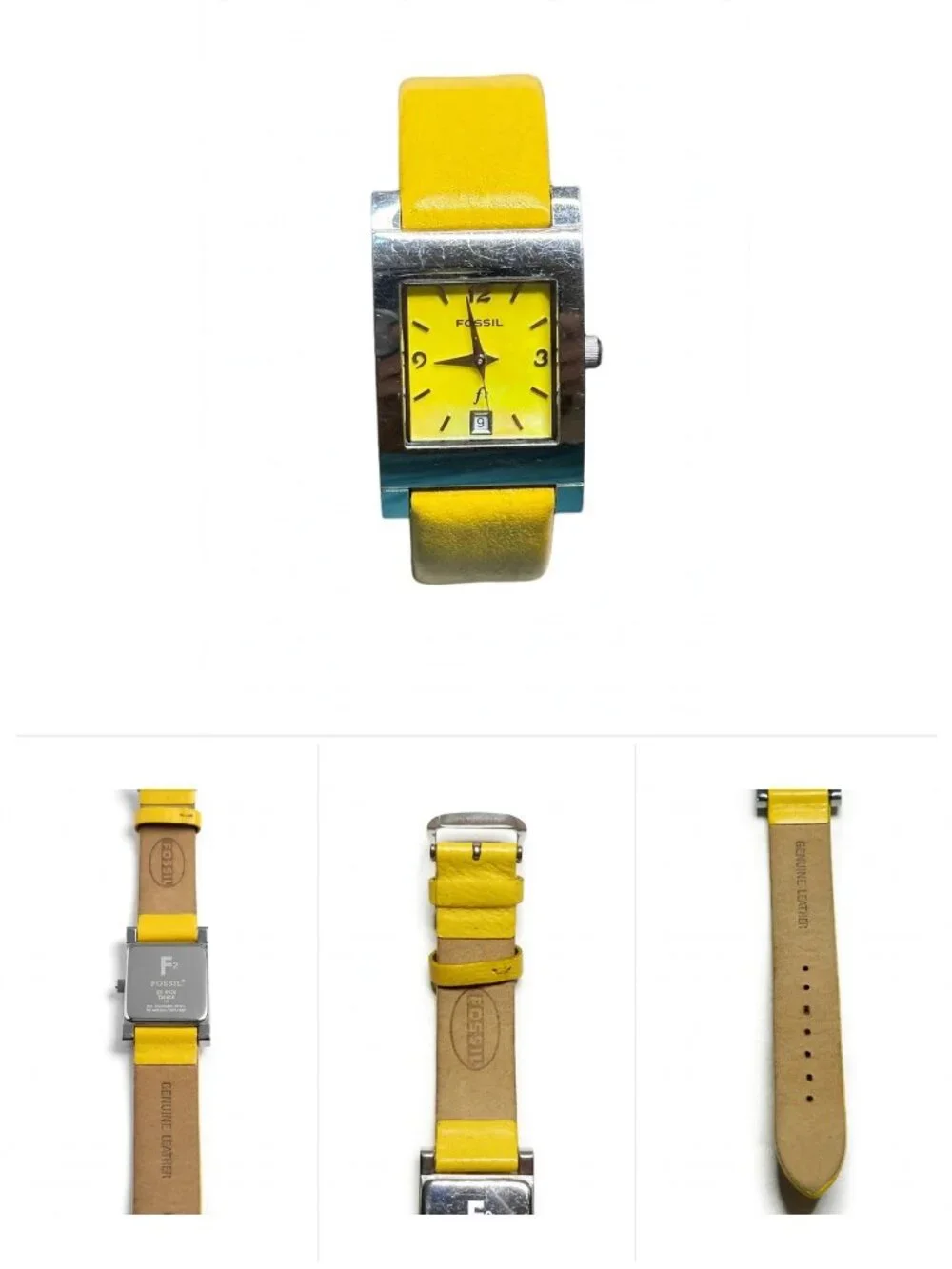 Fossil F2 ES-9978 Yellow Leather Watch Silver Square Case Date